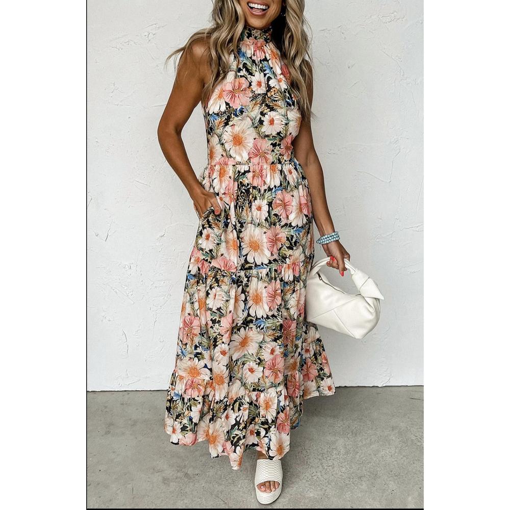 NEW DEAR LOVER boho floral maxi dress sleeveless in pink/white